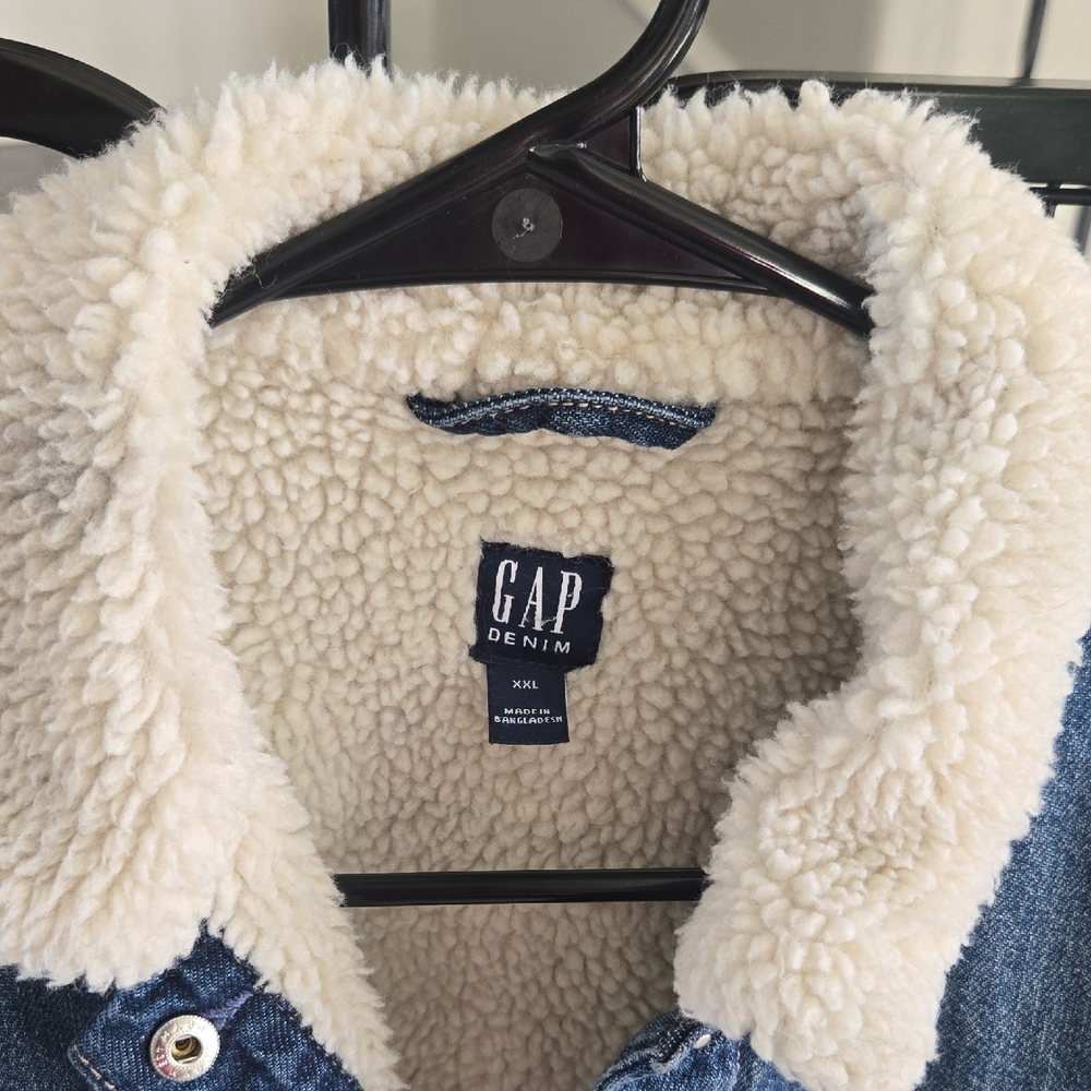 GAP Kids Blue Denim Jacket with Cream Sherpa Collar